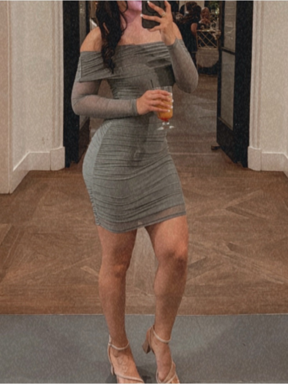 Blue Blush Sage Green Long Sleeve Ruched Draped Midi Dress